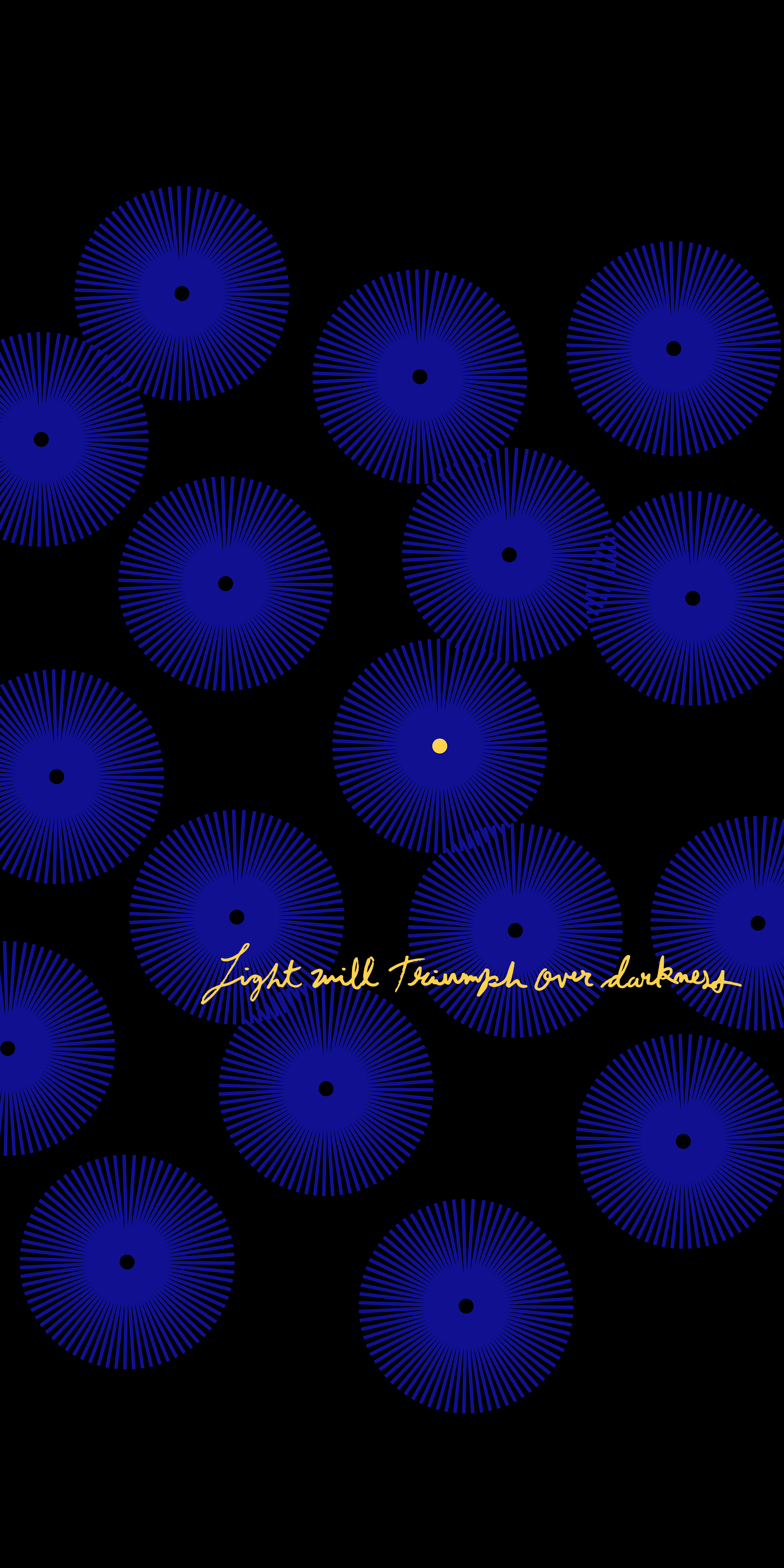 Graphic of blue circles over black background with "light will triumph over darkness"